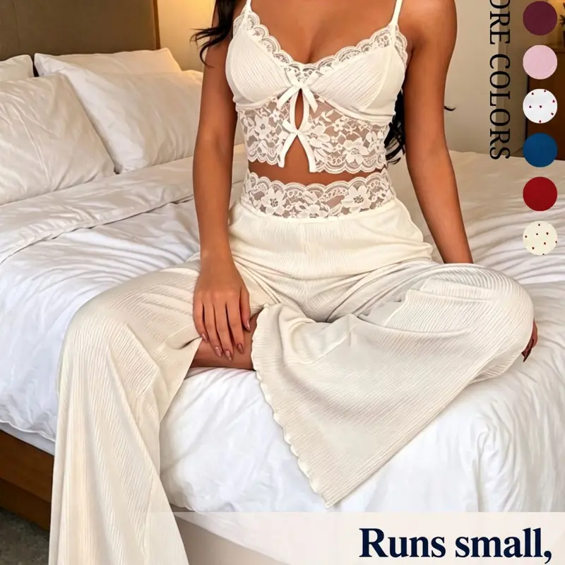 Women's Lace Cami Pajama Set 2 Piece Spaghetti Strap Crop Top Wide Leg Pants Sleepwear Loungewear Pjs Chic Summer Lounge Set
