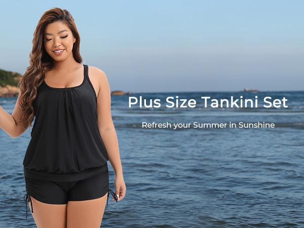 Aqua Eve Plus Size Tankini with Shorts Two Piece Swimsuits for Women Blouson Tummy Control Bathing Suits