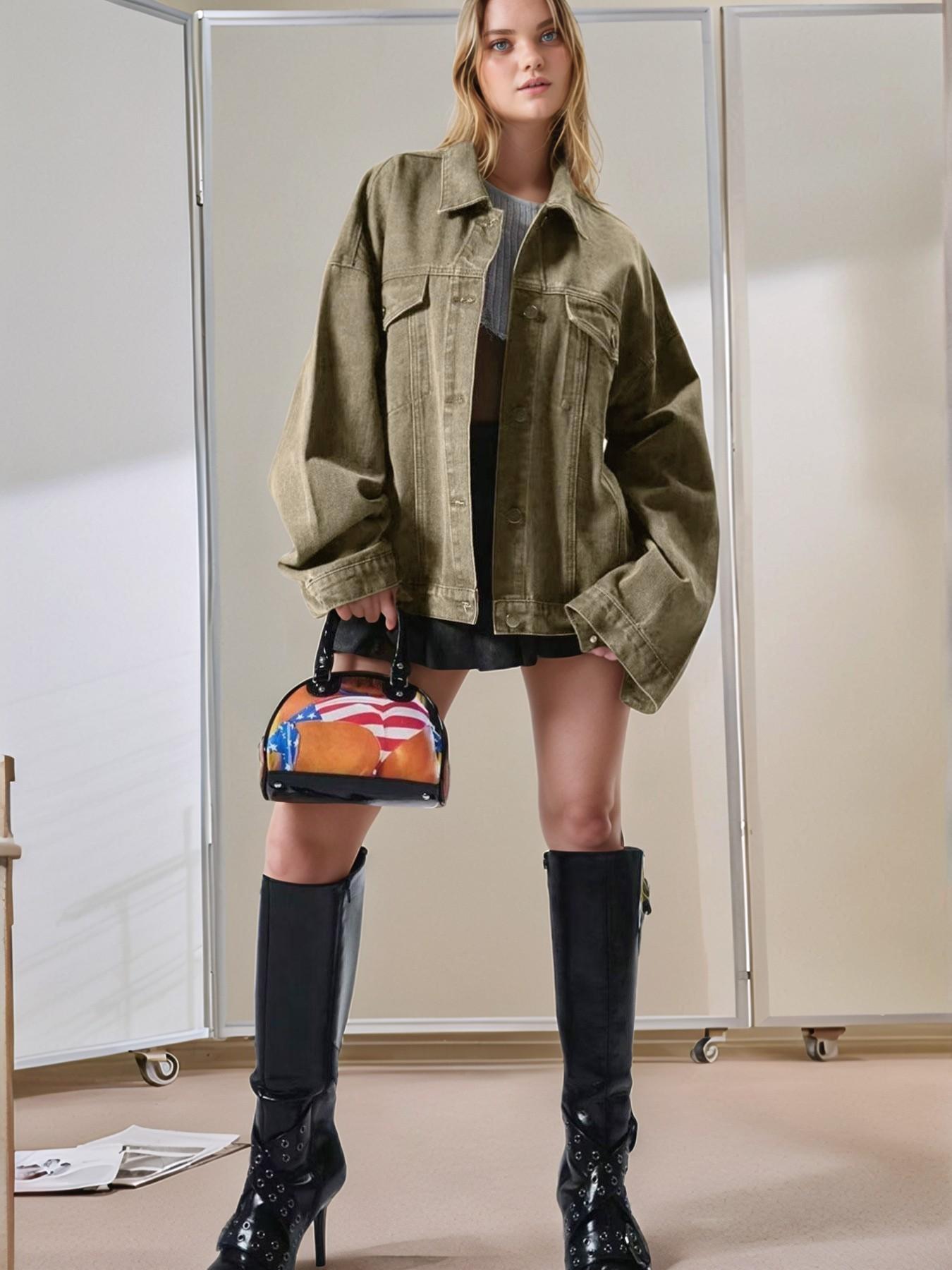 Women's Plain Basic Button-Front Drop-Shoulder Fitted Denim Jacket Coats, Casual Long-Sleeve Collared Pocket Outerwear for Daily Wear, Aesthetic Womenswear