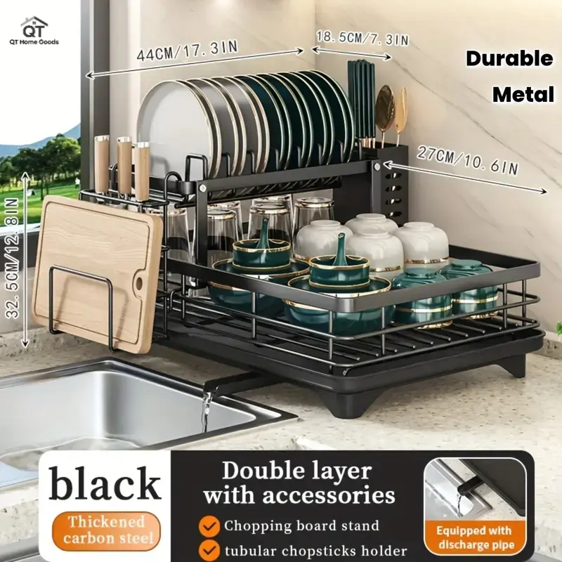 1pcs Metal Steel Double-Layer Compact Kitchen Storage Dish Drying Rack for Countertop, Space-Saving Durable Multi-Shelf Organizer Draining Boards with Cutlery Cup, Rustproof Tray & Water Drainage Drip Tray Organizer Rack