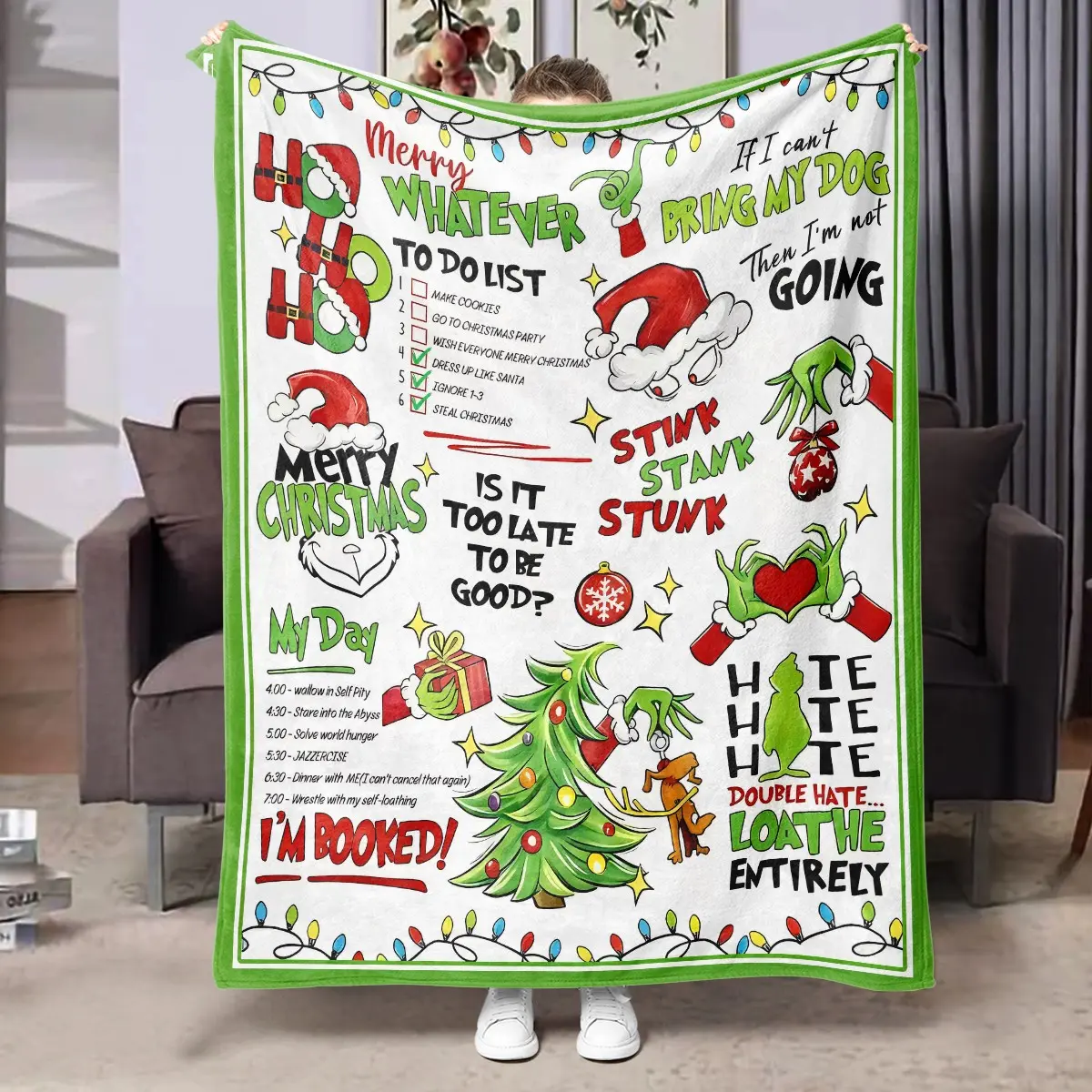 1pc Christmas Grinch Quote Collage Flannel Blanket, Printed with Grinch, festive slogans, Christmas tree and light string fun holiday graphics. Soft warm nap throw, great for sofa, bed, office, shawl, camping, ideal for Christmas gifts.