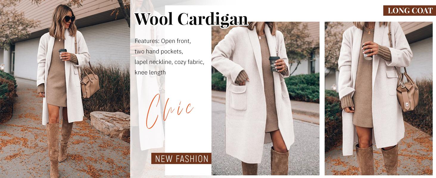 Ommig Women's Long Cardigan Wool Coat Open Front Pockets Warm Lapel Jacket Coat Fall Outerwear