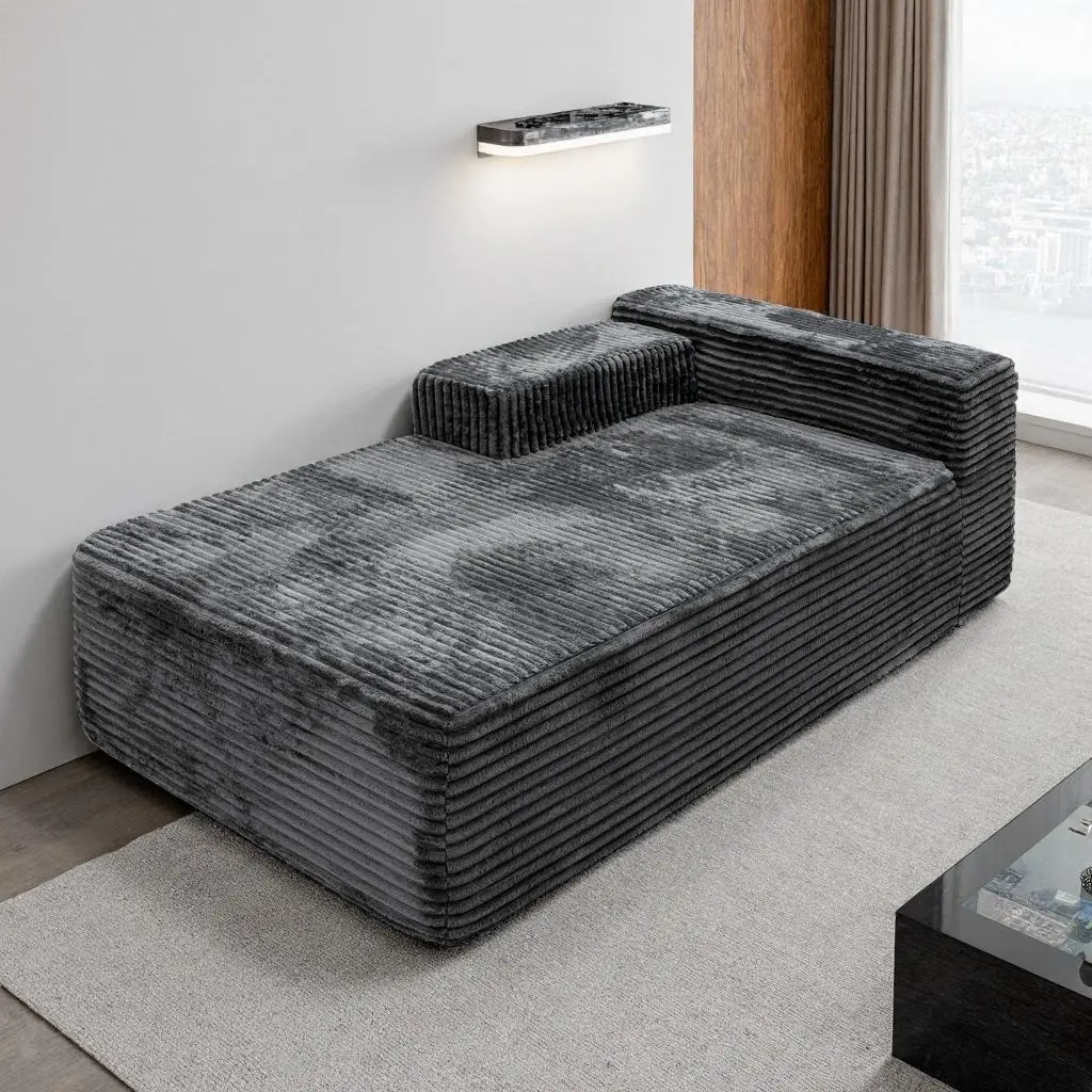 Grey Modular Sectional Sofa with Chaise Lounge, 2-Seat Plush Corduroy Couch with Foam Fill for Living Room, Apartment, Bedroom