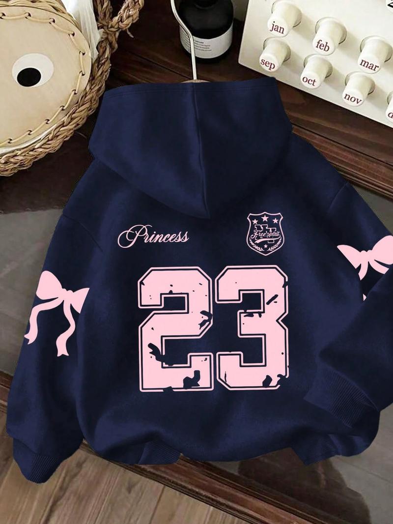 Women's cool and cute trendy number bow print hoodie, kangaroo pocket, drawstring hooded sweatshirt, fashionable autumn and winter wear, Graphic Hoodies