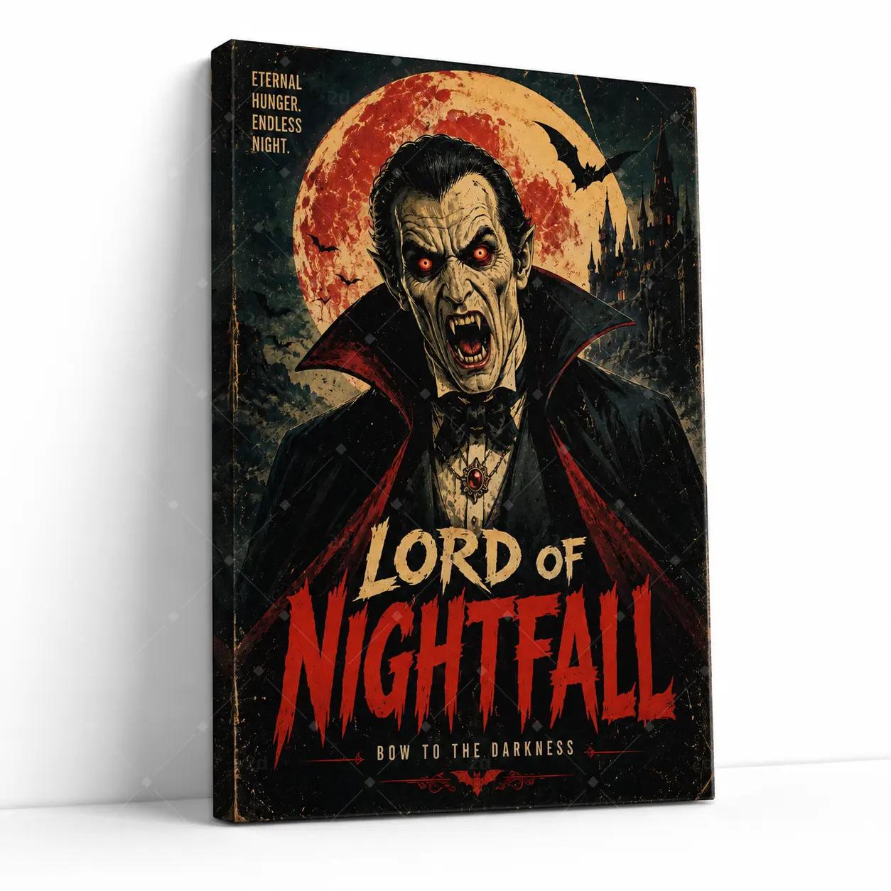Gothic Vampire Lord Canvas Wall Art, Dark Castle Horror Poster Print for Living Room Bedroom Halloween Decor, Retro Monster Artwork, Available as Unframed Poster or Framed Canvas Wrap