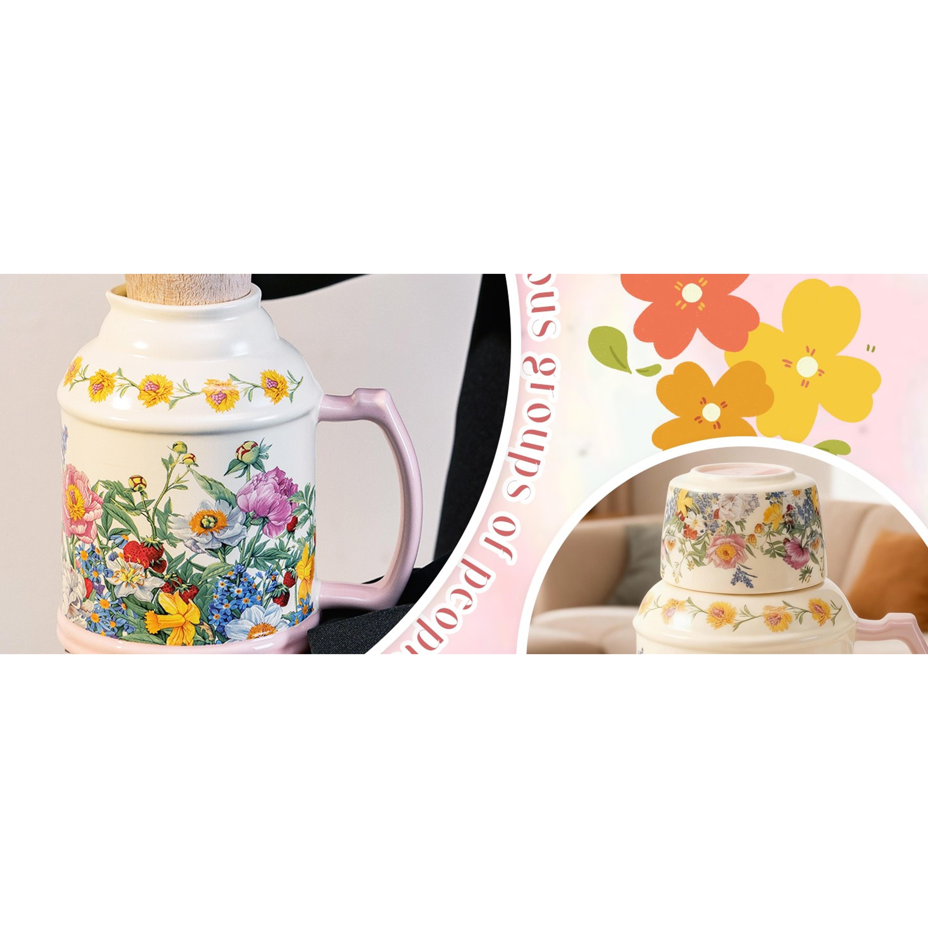 600ml Pink Floral Blooming Design Ceramic Porcelain Teapot - Premium Heat Retention Hot Water Tea Kettle with Handle for Daily Tea Making