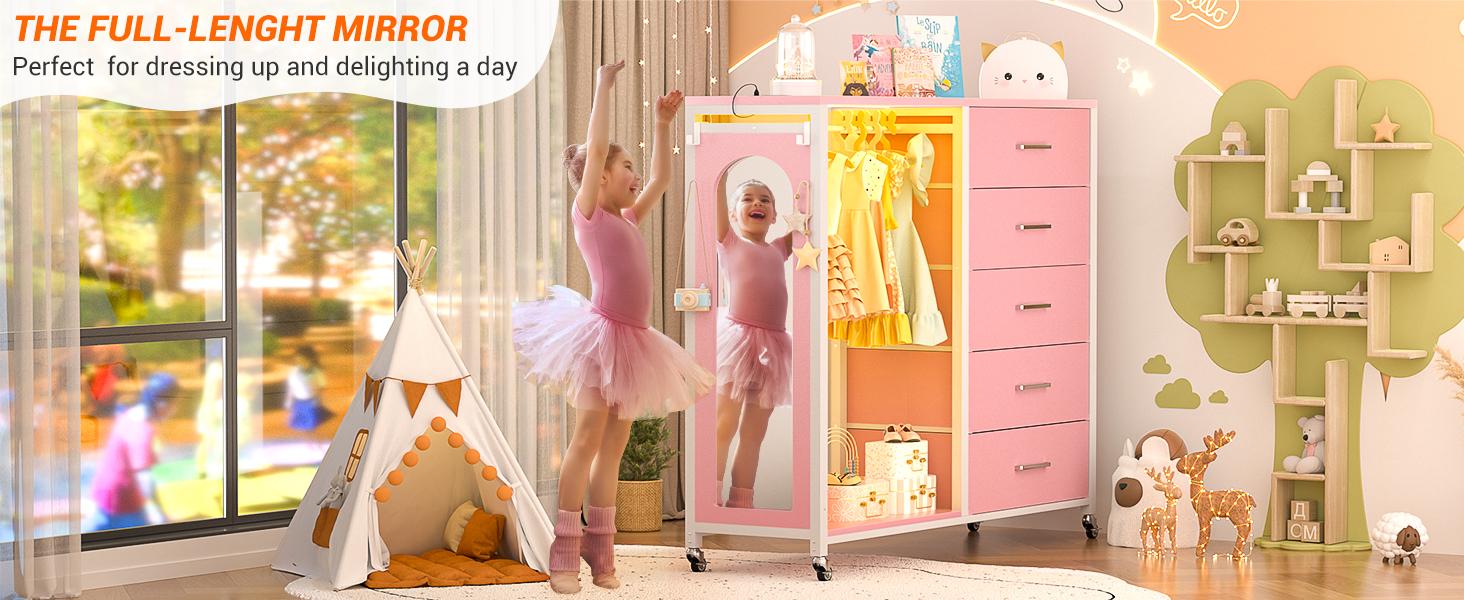 Cyclysio 45'' Dresser with Clothes Rack & Mirror, 5 Fabric Drawers Dresser with Charging Station & LED Lights, Rolling Chest of Drawers with Wheels Cyclysio 45'' Dresser with Clothes Rack & Mirror, 5 Fabric Drawers Dresser with Charging Station & LED Lights, Rolling Chest of Drawers with Wheels