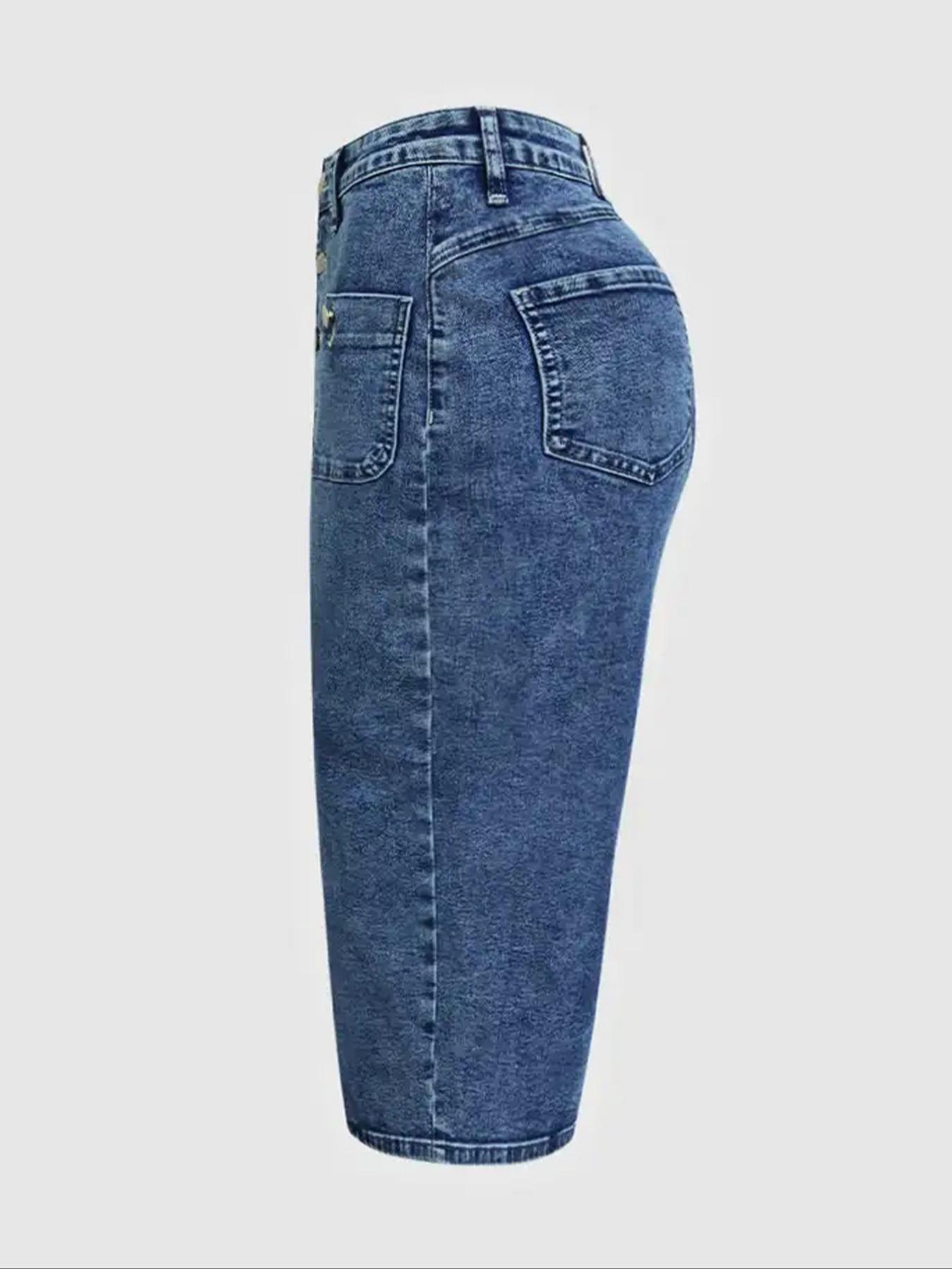 Women's High Elastic Dark Wash Denim Half Skirt with Button Closure, Stylish Casual Wear, Perfect for Daily, Comfortable and Trendy