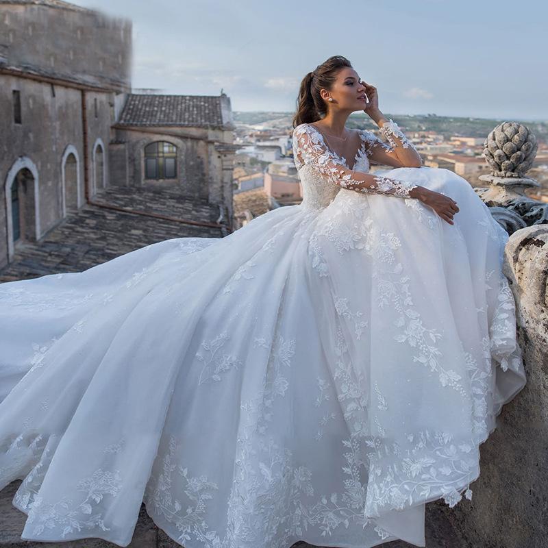 Women's 2026 Vintage Floral Sexy Sheer Tulle Long-Sleeve Bridal Dress - Full-Sleeves Wedding Dress with Chapel Train for Wedding Ceremony, Bridal Photoshoot, Longsleeves, Wedding Dresses