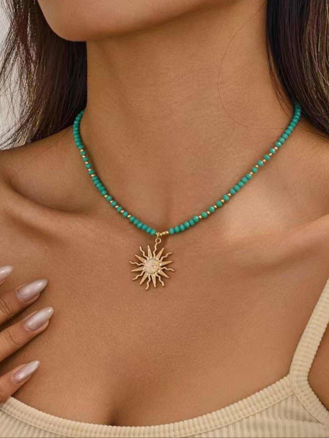 Boho Style Necklace with Turquoise Beads, Elegant Women's Jewelry, Perfect Gift for Her, Daily Wear Accessory, Geometric Pattern, Dainty Boho Necklace