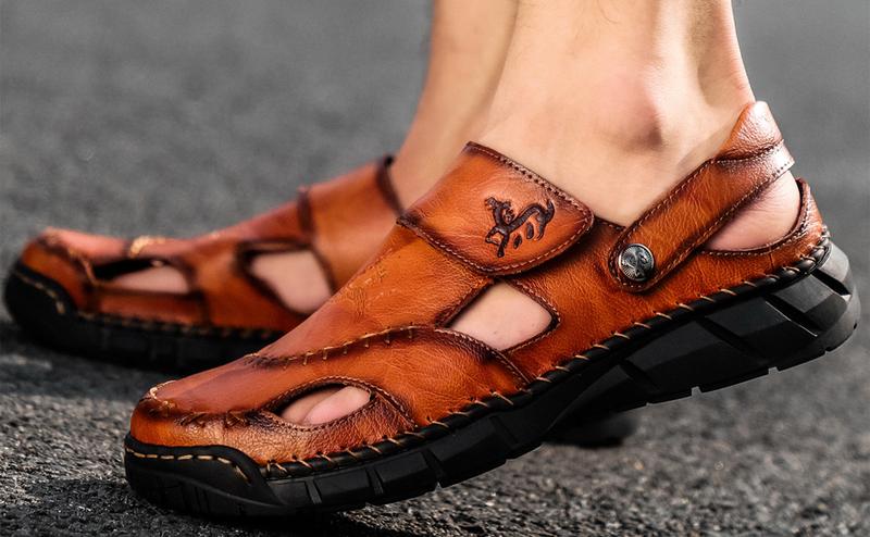 GREKS Men's Casual Hiking Beach Sandals Hand-Stitched Hollow Slip-on Wide Fit Non-Slip Breathable Dark Brown Black GREKS Men's Casual Hiking Beach Sandals Hand-Stitched Hollow Slip-on Wide Fit Non-Slip Breathable Dark Brown Black