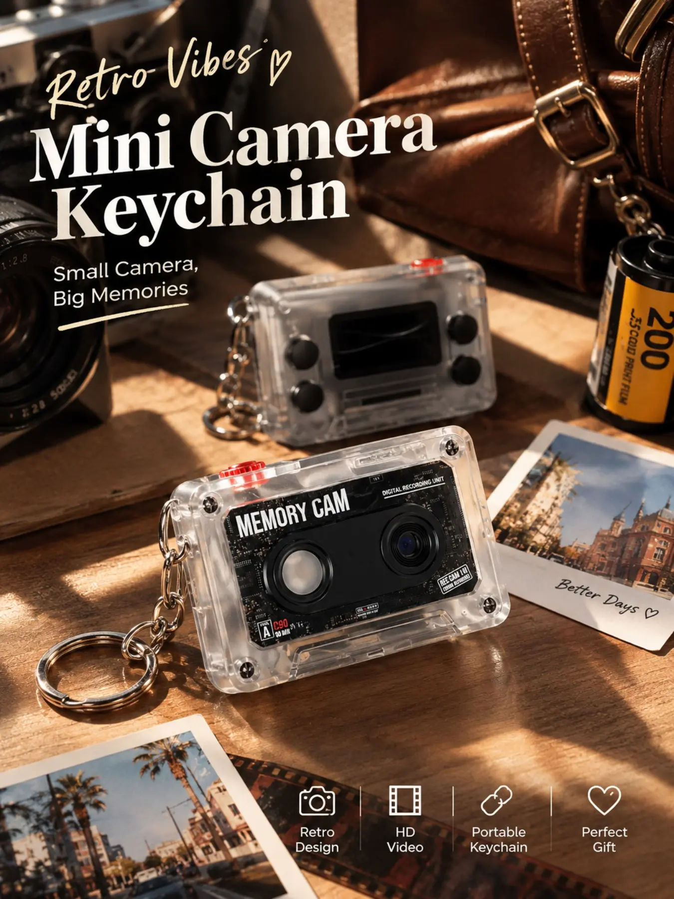Retro Pocket Camera Keychain, Cassette Tape Shaped Mini Camera with Photo & Video Function, 4 Style Filters, Unique Functional Bag Charm for Backpacks & Handbags, Gift for Boyfriend, Girlfriend, Family & Friends