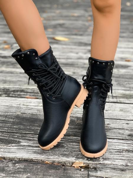 Women's Fashionable Solid Color Lace Up Front Ankle Boots, Casual Comfortable Round Toe Boots for Daily Wear, Trendy All-match Boots for Women & Girls, Walking Shoes