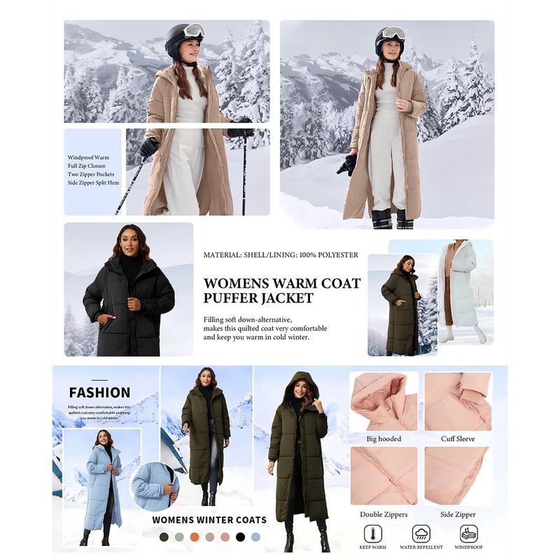 Tankaneo Women Long Quilted Coat Hooded Maxi Length Long Sleeve Puffer Jacket Padded Coat Winter Outerwear