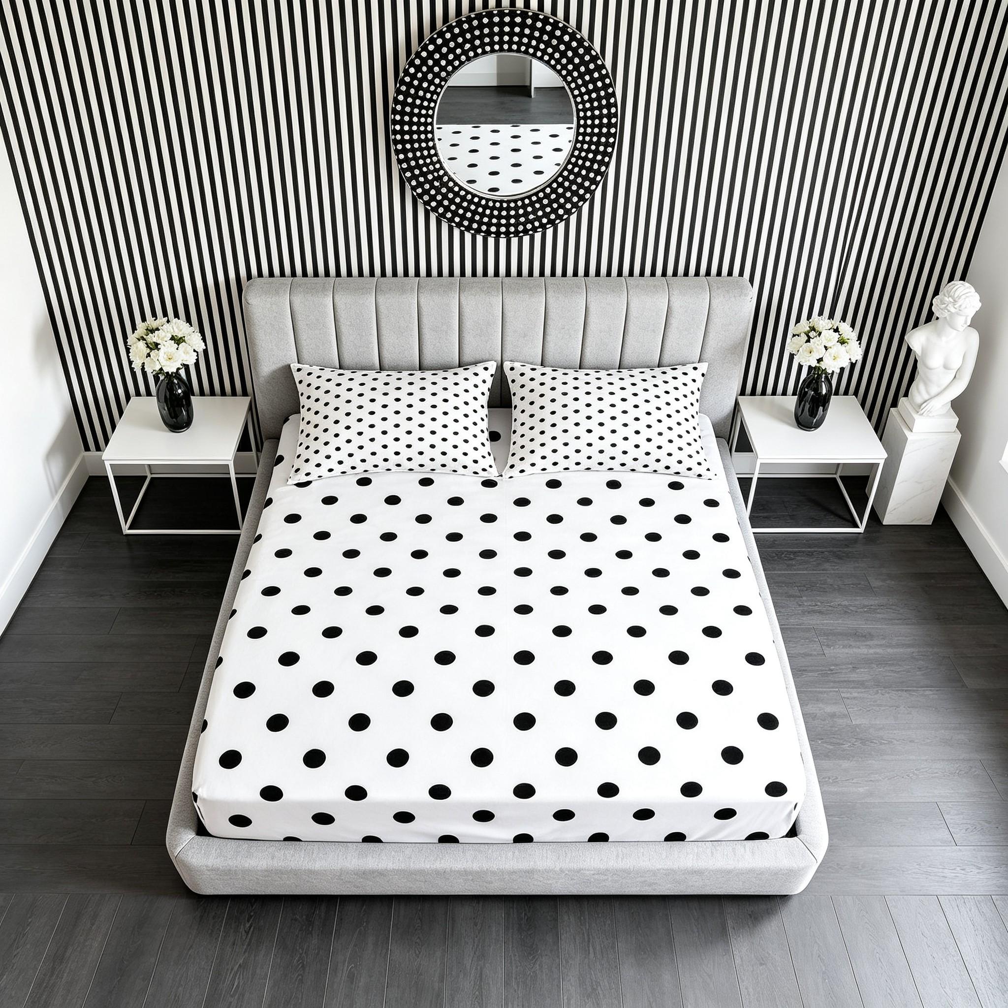 Polka Dot Fitted Sheet Set, 3 Pieces (1 Fitted Sheet + 2 Pillowcases, No Pillow Insert Included), Classic Minimalist Style, Breathable and Comfortable Fabric, Suitable for Teens and Adults Bedroom Decor, Perfect for Family Use