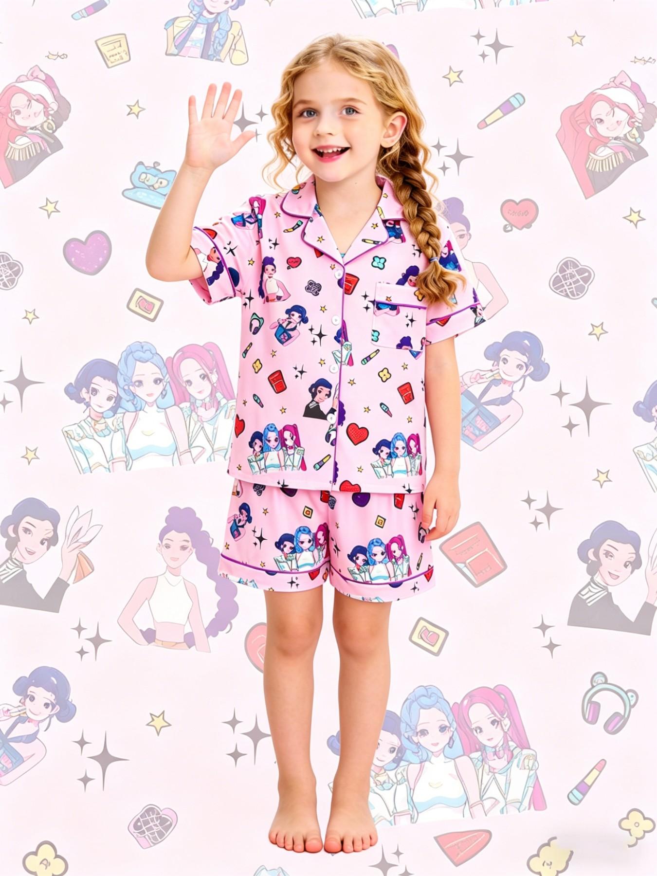 2-piece children's set featuring full-body K-pop cartoon girl prints, short sleeves, shorts with soft and comfortable top, small pockets, lapel design, elastic waistband, suitable for year-round home wear, casual leisure children's pajama set