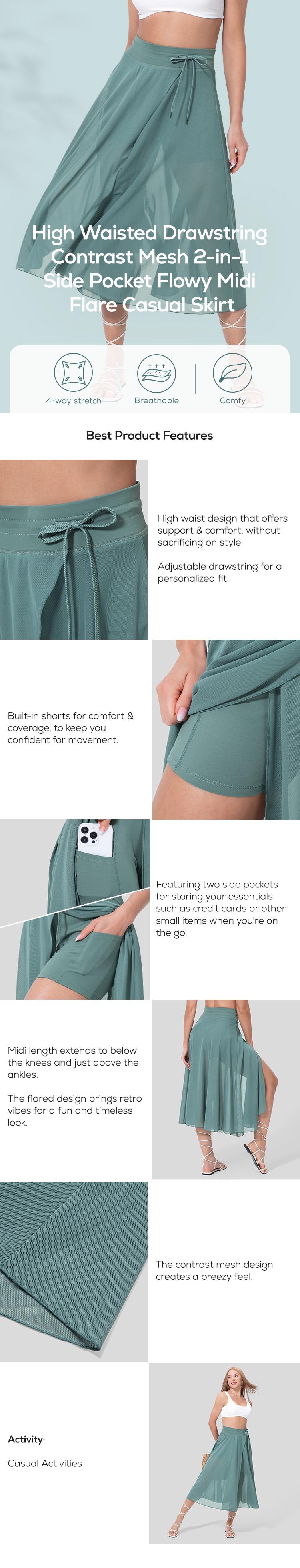 Halara High Waisted Drawstring Contrast Mesh 2-in-1 Side Pocket Flowy Midi Flare Casual Skirt