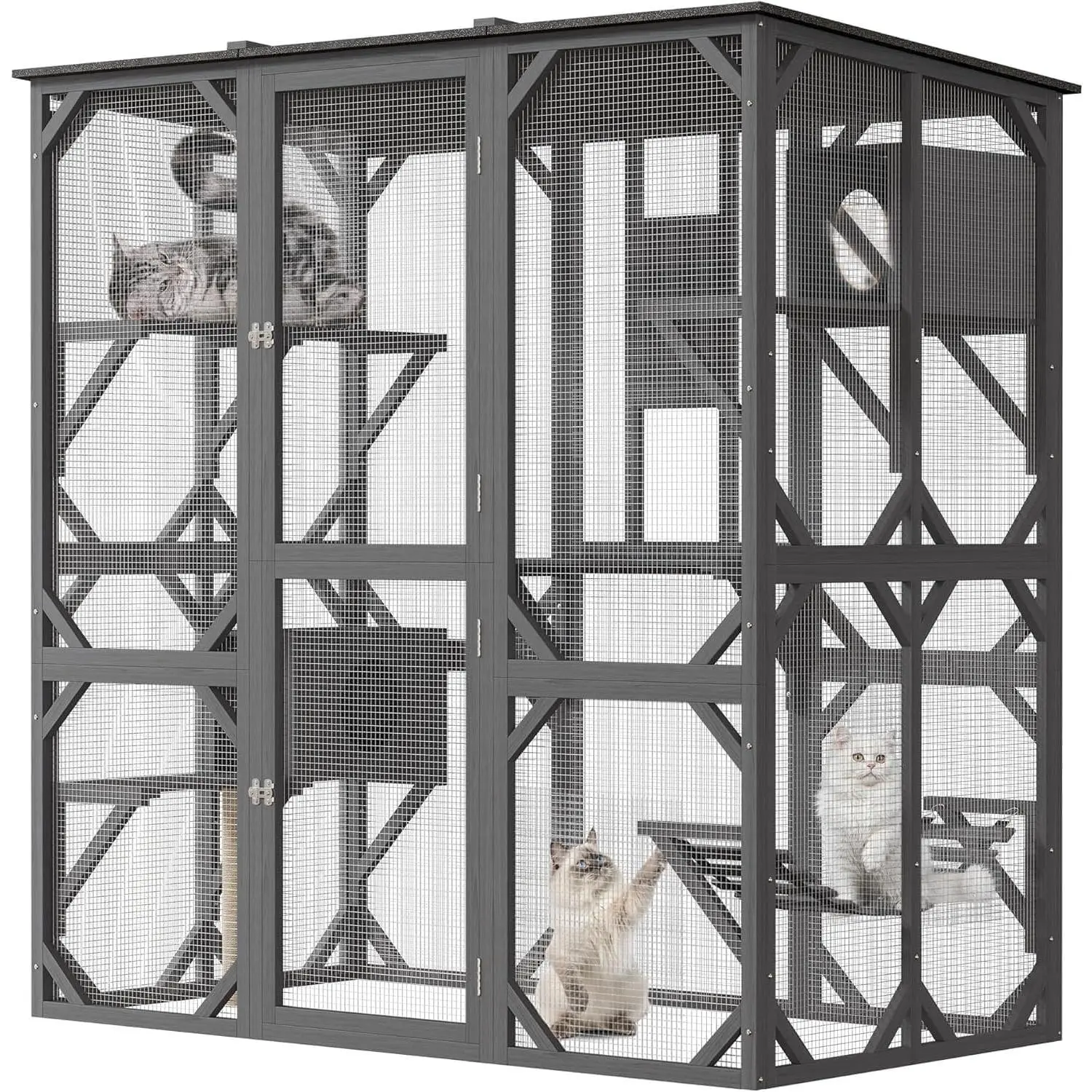 70" Catio Outdoor Cat Enclosure with Window, Waterproof Roof Cattery with Bridge and Scratching Post Outdoor Catio Enclosure,Grey
