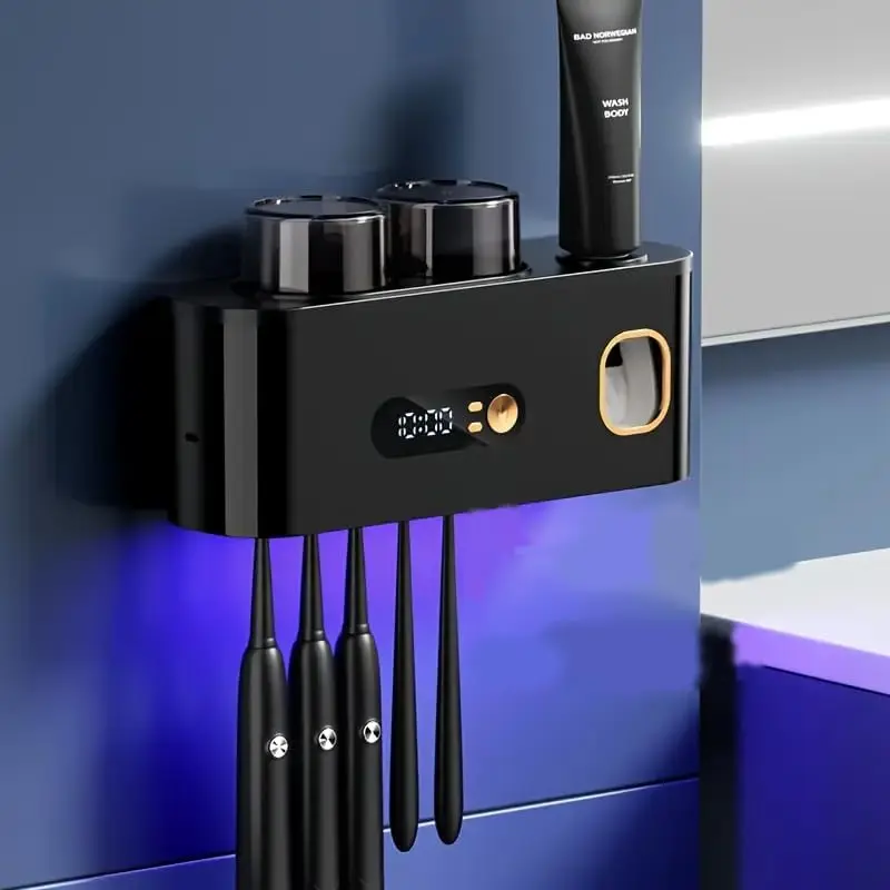 Toothbrush Holders for Bathrooms, UV Toothbrush Sanitizer and Holder Home Accessories, 2 Cups Electric Toothbrush Holder Wall Mounted with Toothpaste Dispenser Decor