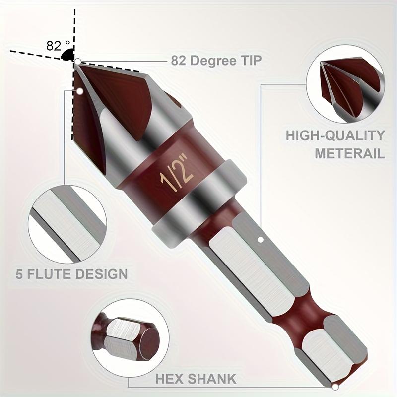 5-Piece HSS Countersink Drill Bit Set (with 1/4", 3/8", 1/2", 5/8", 3/4" hex shanks), 82-degree high-speed steel 5-flute quick-change hex shank, suitable for drilling in metal, plastic, wood, PVC and cement