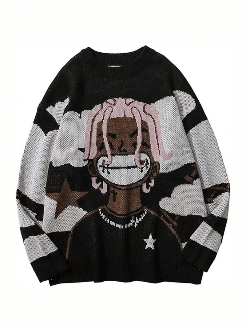 Men's Casual College Style Knit Sweater, Multicolor Cartoon Pattern, Star Cloud Jacquard Design, Round Neck Loose Fit Pullover