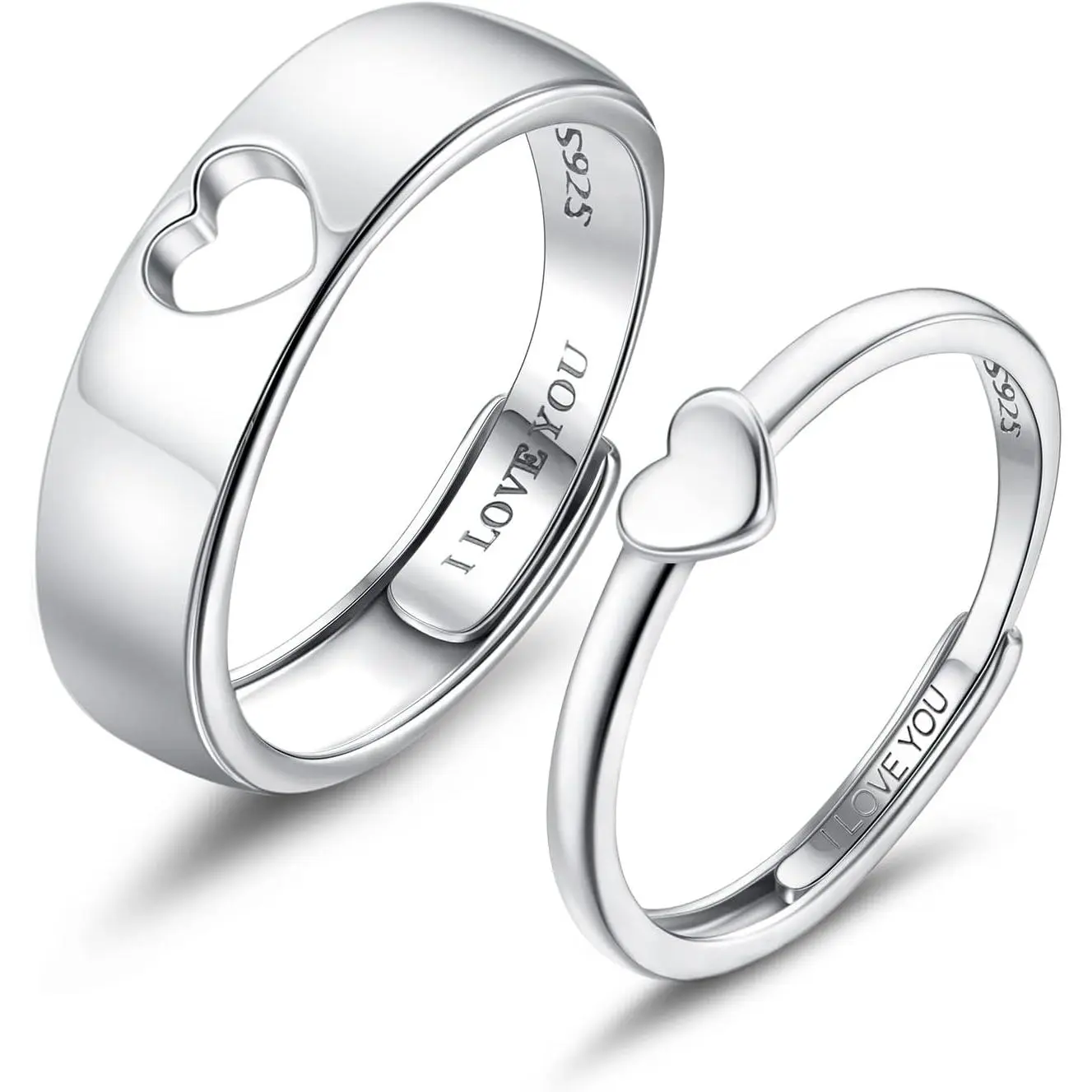 2Pcs S925 Sterling Silver Heart Matching Rings for Couples |   I Love You Engagement Wedding Ring Sets for Him Her Adjustable Matching Promise Rings Women Men Valentines Day Gifts