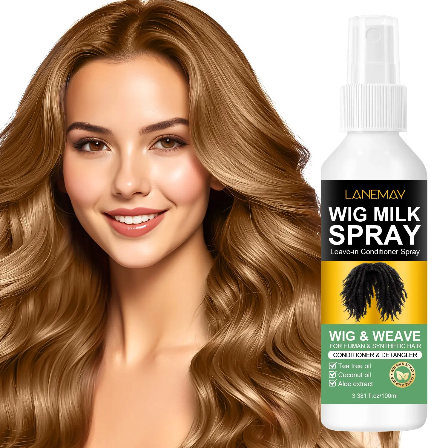 100ml Wig Smoothing & Moisturizing Spray with Tea Tree Oil, Coconut Oil, Aloe - Leave-in Conditioner, Detangles & Smooths, Hydrating, Nourishing - For Human & Synthetic Hair, Daily Care