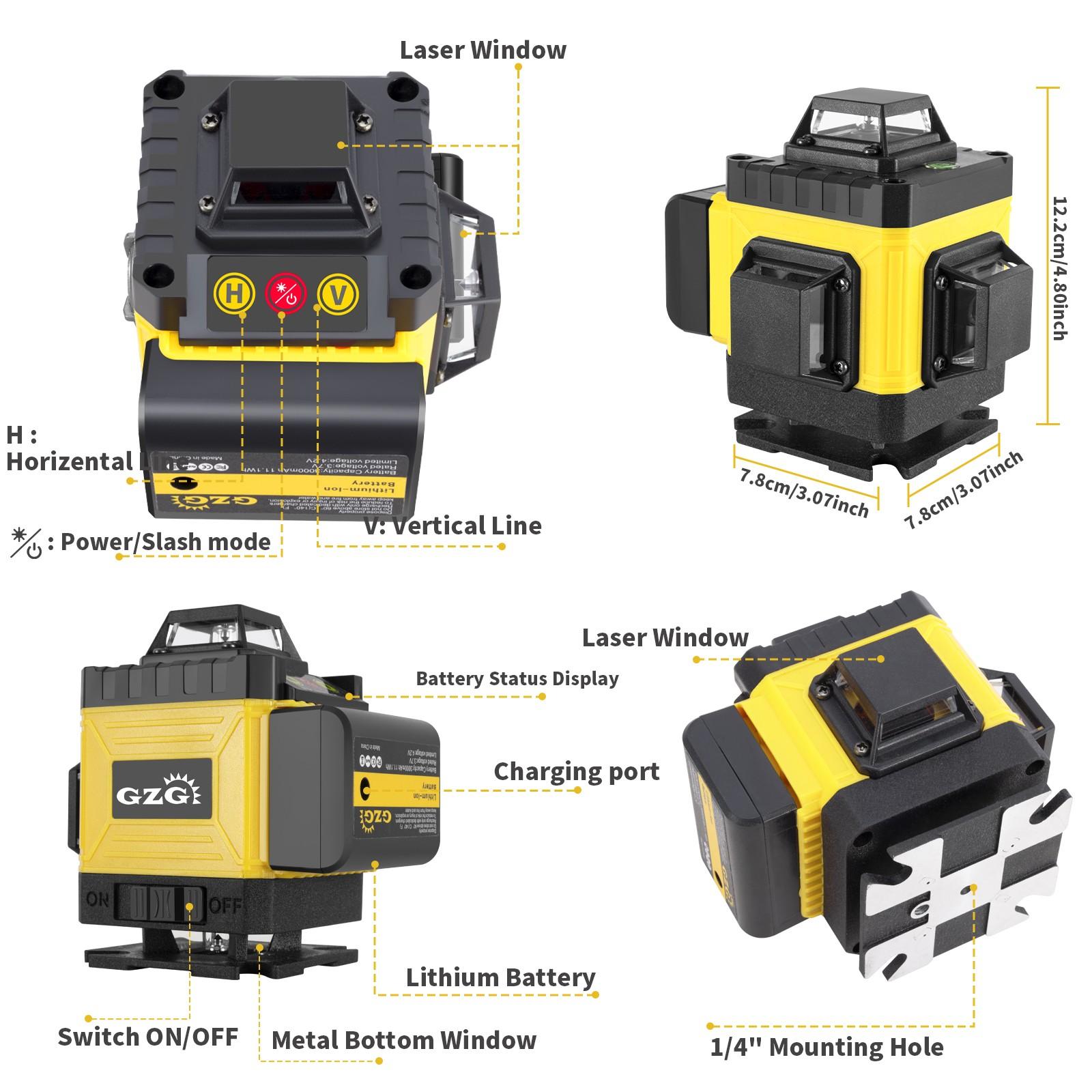 GZG 4D 16 Lines Laser Level, Auto-leveling Laser, Automatic Laser Level, Self-Leveling 360 Laser Level with Remote Control, Professional Laser Level Tool