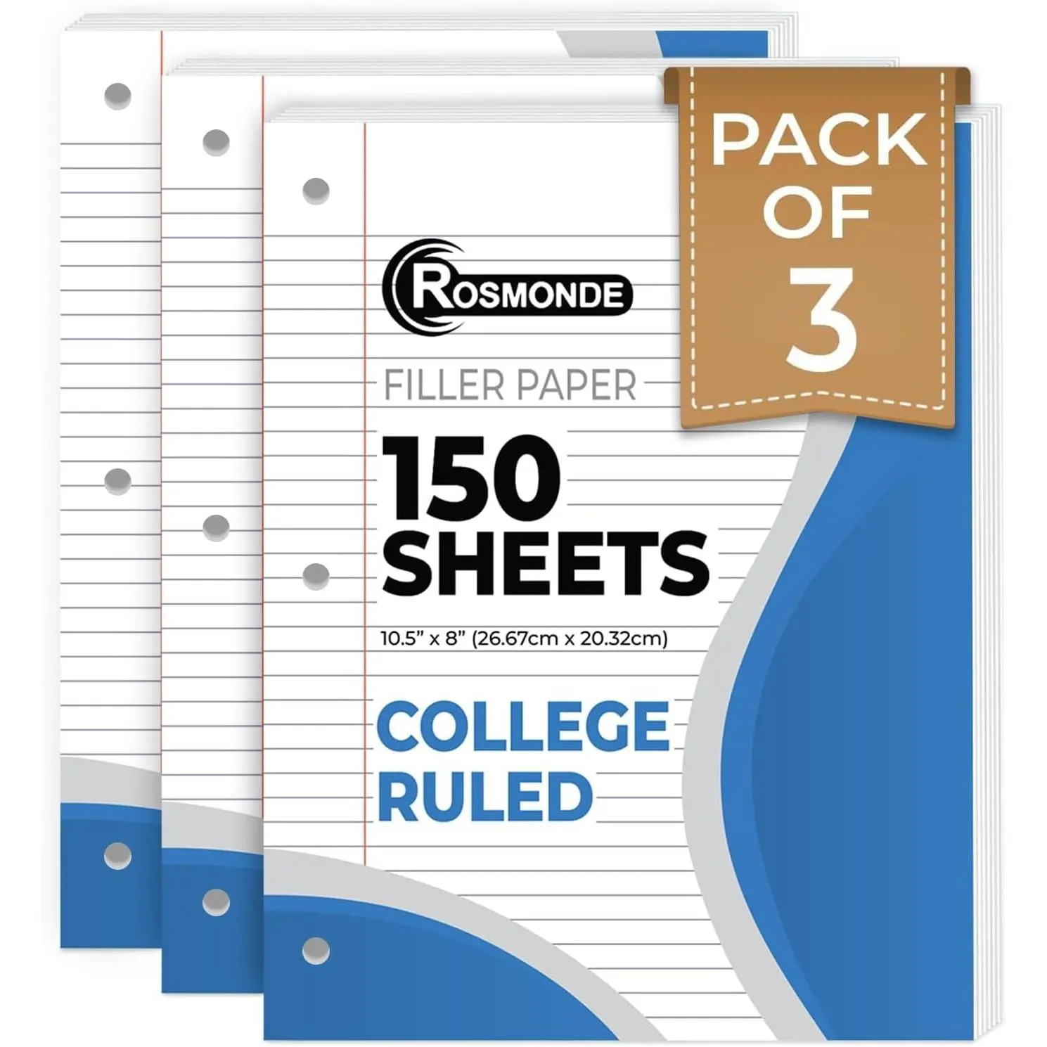 450 Sheets Loose Leaf Paper, 3 Pack, College Ruled Filler Paper | Bulk Office Filler Paper, 8" x 10.5", 3 Hole Punched, 150 Sheets/Pack, College Ruled Notebook Paper for Binder, White