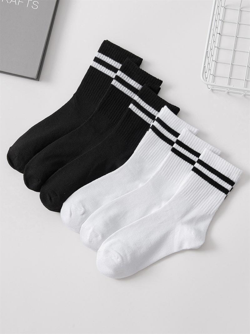 Women's 6 Pairs Striped Print Crew Socks Set, Soft Comfy Breathable Mid Calf Socks For Gym Outdoor Daily, Women's Socks & Hosiery, Cozy Fall Outfits, Versatile Street Style Womenswear, Summer Outfits 2024