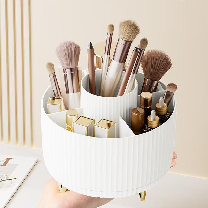 A 360 degree rotating cosmetics storage box - cosmetics storage box, display box with 5 compartments - multifunctional brush, lipstick, skin care and stationery storage box - durable and odorless luxury stripe design desktop storage box Organiser White