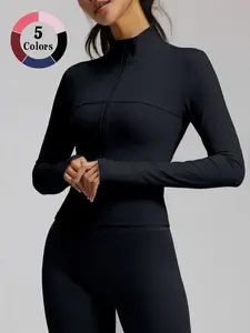 Women's Solid Color Thumb Hole Design Long Sleeve Sports Jacket, High Stretch Comfortable Breathable Zip Up Stand Collar Outerwear for Yoga Gym Workout, Ladies Sportswear for All Seasons
