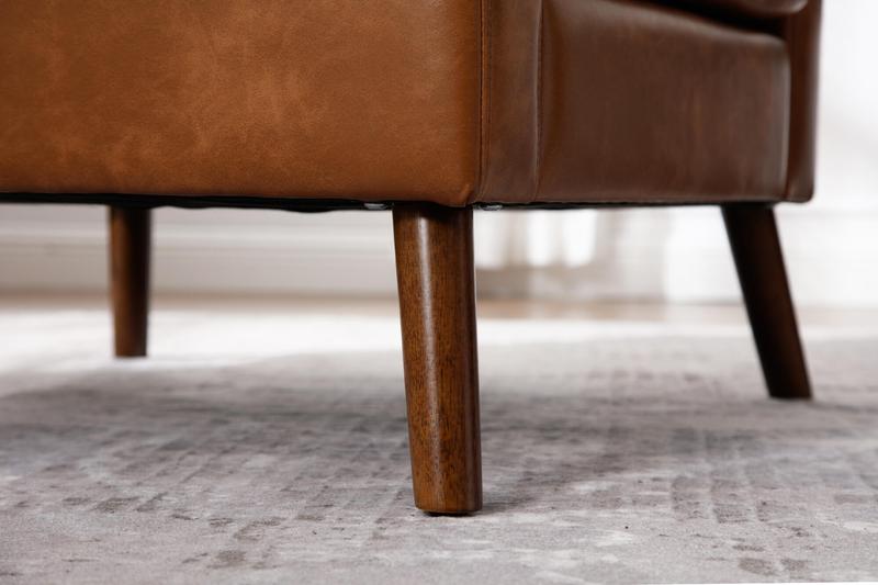 DAYALANE [Valentine's Day] Modern London Accent Chair Leather Armchair with Wood Legs Brown Upholstered 17.7" Tufted Backrest 9.8" Thick Cushion Compact Size Vegan Leather Sturdy Base - White