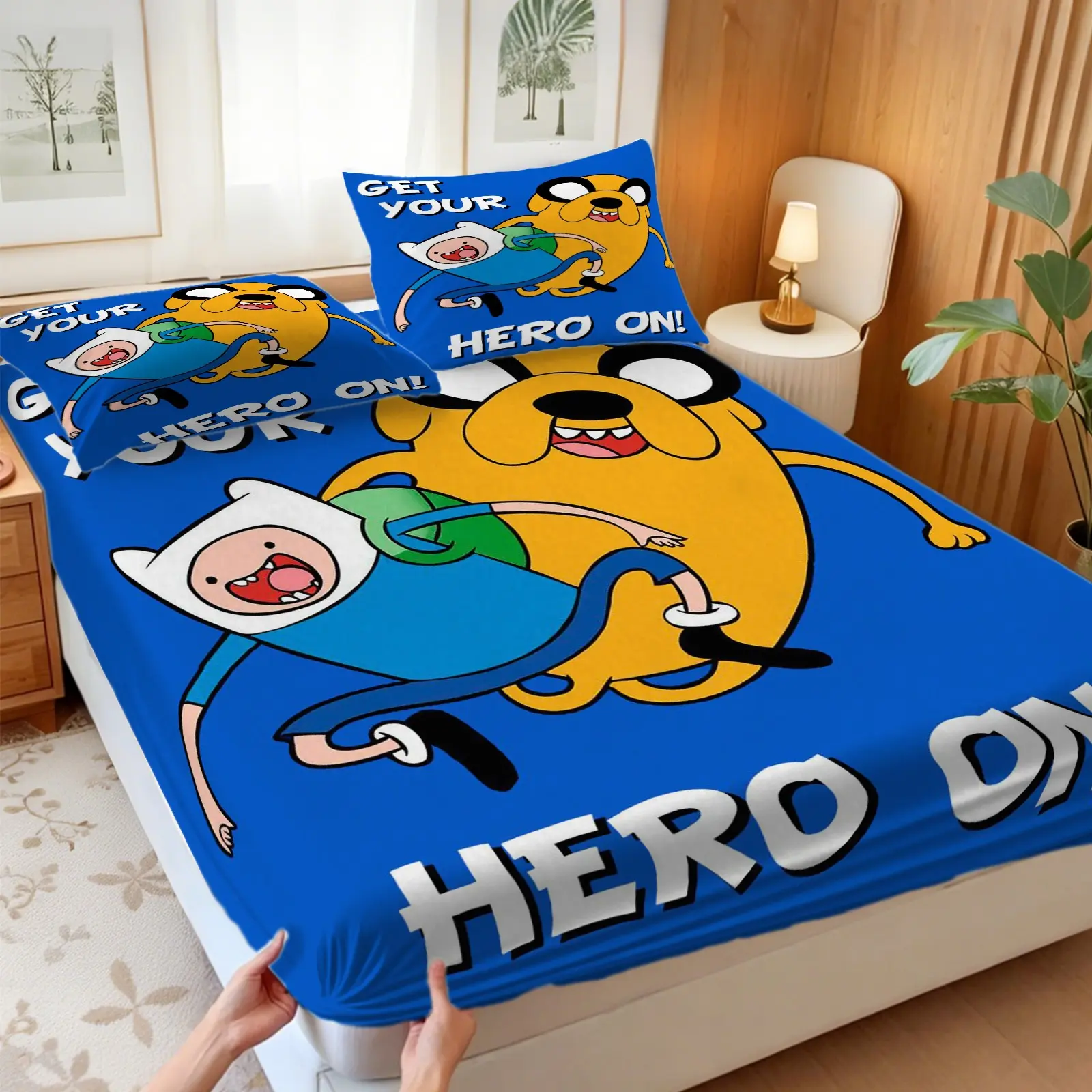 3Pcs Adventure Time Finn & Jake Print Fitted Sheet Set, Vibrant Cartoon Digital Print Bed Sheet Set with No Fillers, This Playful Bedding Set Creates Whimsical Fun Vibe for Cartoon Fans & Kids, Ideal for Bedroom, Dorm & Playroom Styling
