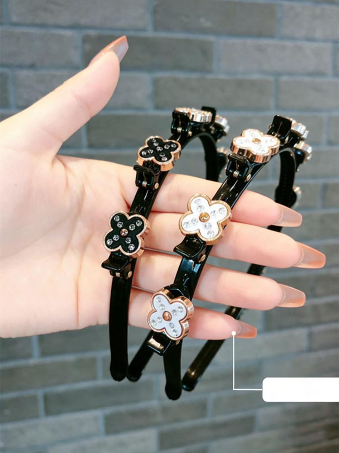 2pcs Women Floral Hair Accessories Set, Four Leaf Clover Casual Geometric Design Headbands & Clips, Perfect for Weddings Parties Daily Wear