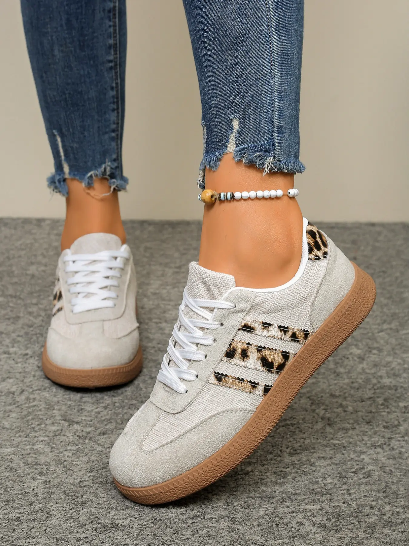 Women's Leopard Patchwork Casual Sneakers, Thick Sole Flat Leather Shoes, Comfortable Lightweight, Multi-Functional Practical, Ladies' Leisure Shoes, Trainer