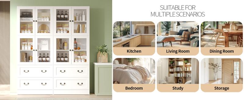 VOWNER 79'' Tall Modern Kitchen Pantry Storage Cabinet with 2 Drawers and 4 Glass Door for Living Room,Entryway,Bedroom Furniture Cupboard