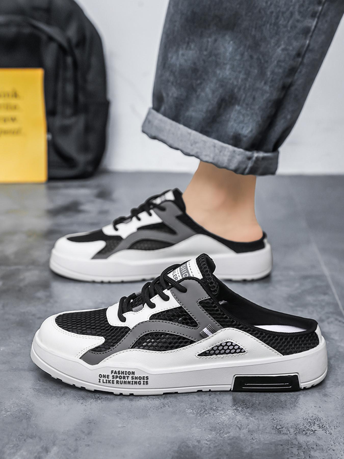 1 Pair Men's Large Size Mesh Mule Sneakers, Breathable Hollow Mesh Fabric, Anti-Slip Wear-Resistant Outsole, Heelless Lazy Shoes, Summer Outdoor Slippers