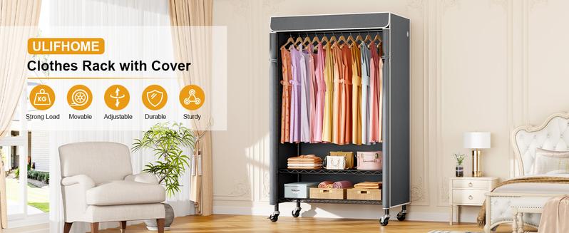 Ulif P6C Heavy Duty Closet Organization with Dust Cover,Portable Wardrobe with Wheels, Freestanding Clothes Rack, Adjustable,Black Home Supplies Storage Furniture