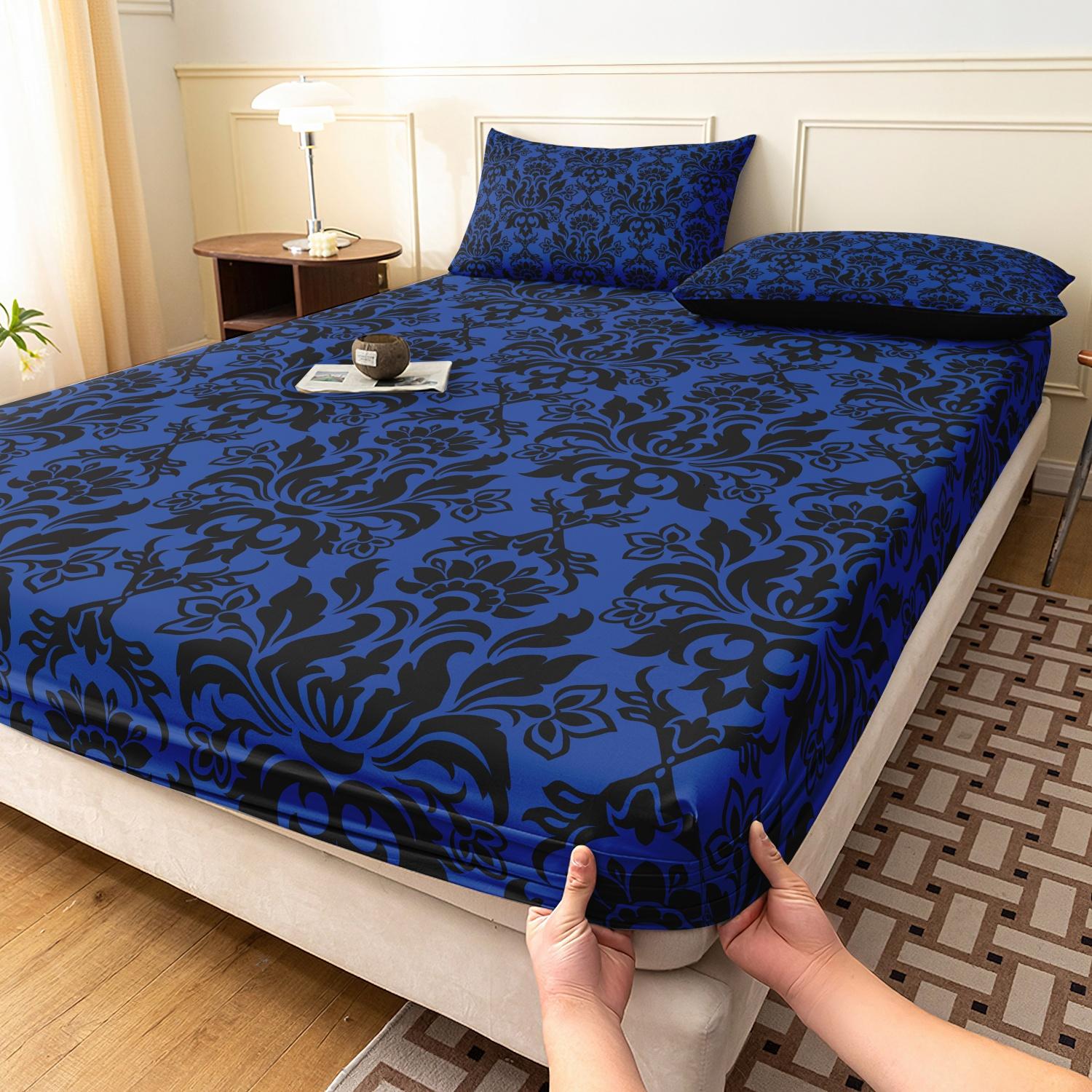 3pcs Fitted Sheet Set (1 Fitted Sheet + 2 Pillowcases, Pillow Core Not Included), Home Dormitory High-Definition Printed Black Pattern Fitted Sheet