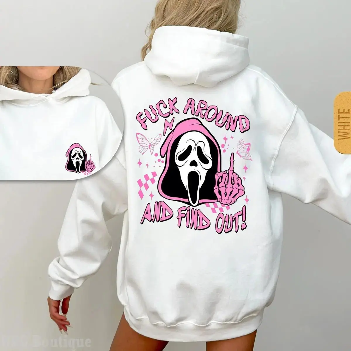 Scream Skeleton Spooky Fck Around And Find Out Sweatshirt, 2 Side Halloween Ghost Face Hoodie, Fall Tee, Coffee Lover Fall Tee, Halloween Casual Sweatshirt Hooded Outfiter Gift For Best Friend HusBand Wife1.