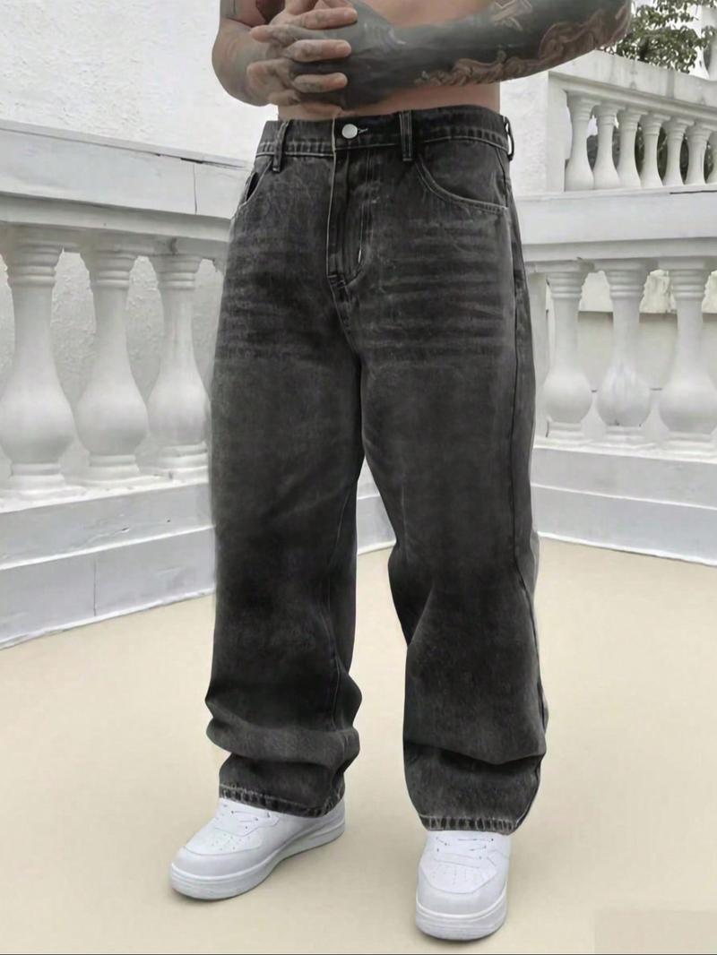 Men's Loose-Fit Denim Jeans, Fashionable Street Style Hip-Hop Washed Jean Pants, Comfortable All-Season Wear, Trendy American Design