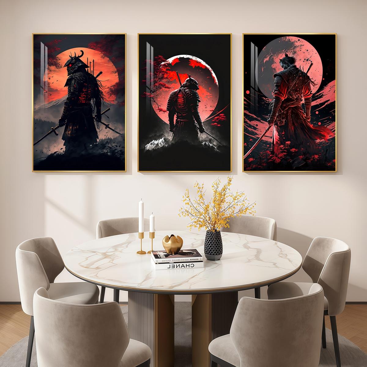 3 Counts Aluminum Alloy Framed Painting, Samurai Warriors Under Red Moon Artwork, Home Decoration For Living Room, Bedroom, Office, Restaurant, Hallway Wall Decor, Odorless Print Artwork, Luxury Perfect Gift For Friends And Family