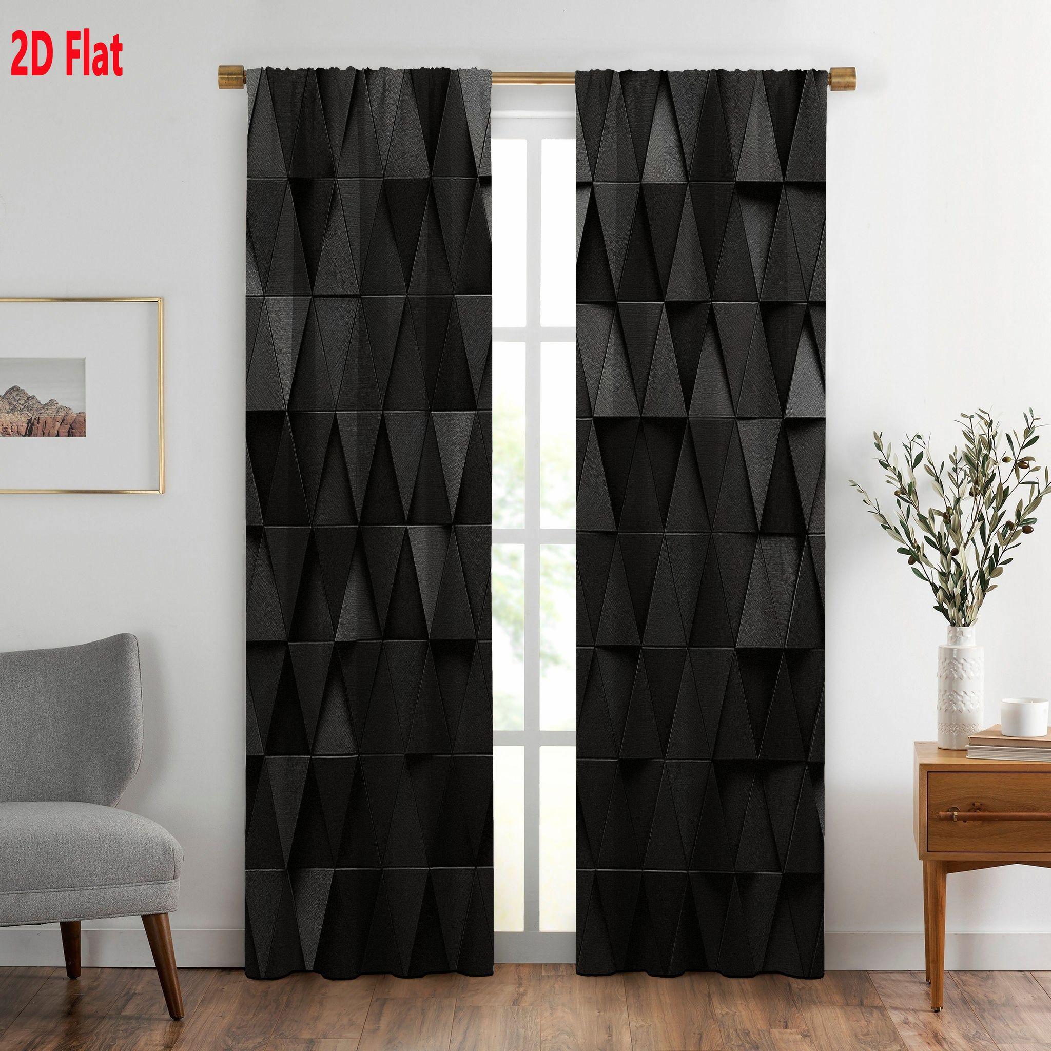 2D Flat  2-Pack Dark Gray Black Triangle Grid 3D Textured Curtains, Modern Abstract Geometric Pattern Light Filtering Blackout Curtains for Living Room Bedroom, Room Decor Curtain, Dimensional Layered Design with Angled Edges