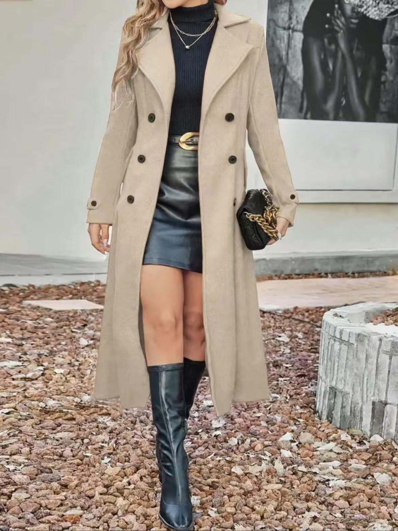 Women's Fitted Solid Color Lapel Long Sleeve Casual Chic Fashion Woolen Coat, Fall Winter Long Line Double Buttoned Overcoat, Ladies Outerwear