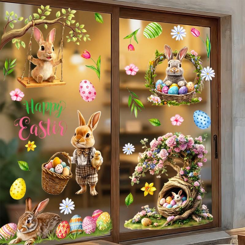 3pcs Easter Bunny & Egg Window Stickers, Floral Design, Wall Decor, Home Decoration, Party Supplies, Unique Gift Idea