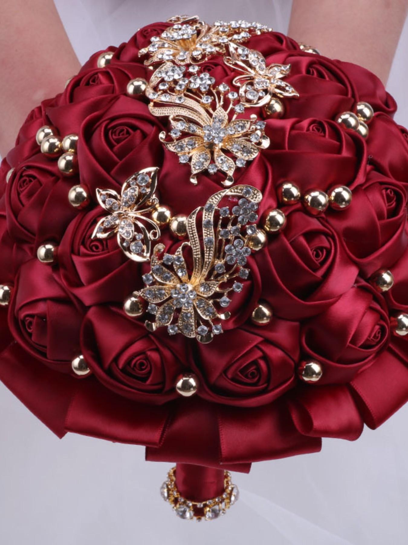 Handmade Ribbon Rose Bouquet, Artificial Roses, Faux Roses, Bride Bridesmaid Wedding Flower Bouquet, Rhinestone Alloy Decor, Valentine's Day Proposal Gift, Sweet 15 Quinceanera Bouquet Flowers