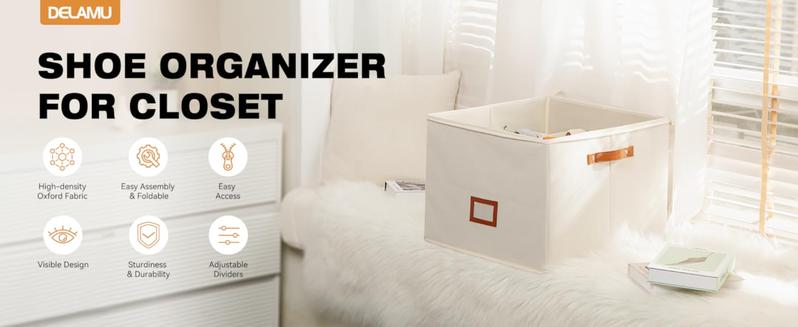 Delamu Shoe Organizer for Closet, Fabric Shoe Storage Boxes with Clear Cover, Adjustable Dividers for Shoe Storage, Foldable Space-saving Storage Container Bins, Fits 8-16 Pairs, Beige