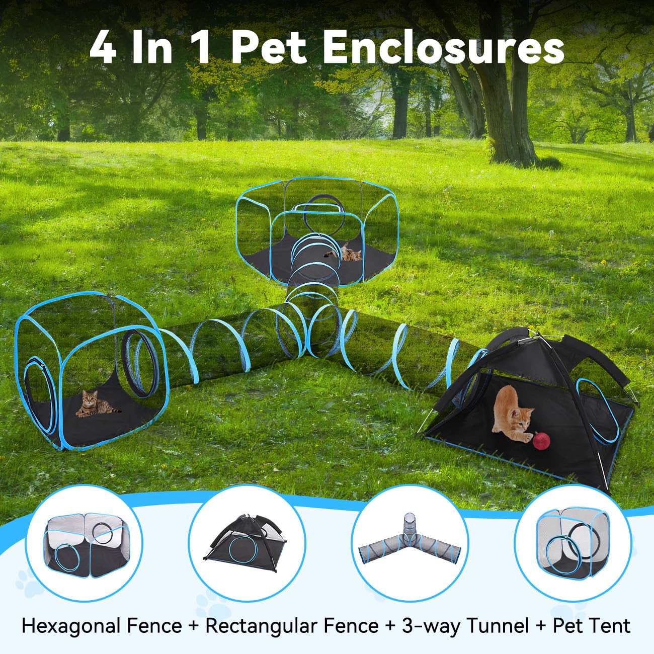 Pawaboo Outdoor Cat Enclosures for Cats Indoor, Patio Portable Mesh Cat Tent, Tunnel, Playhouse with Free Carry Bag & Metal Rod for Multiple Small Animals, Includes Cat Playpen+2 Tent+ Tunnel,Rainbow