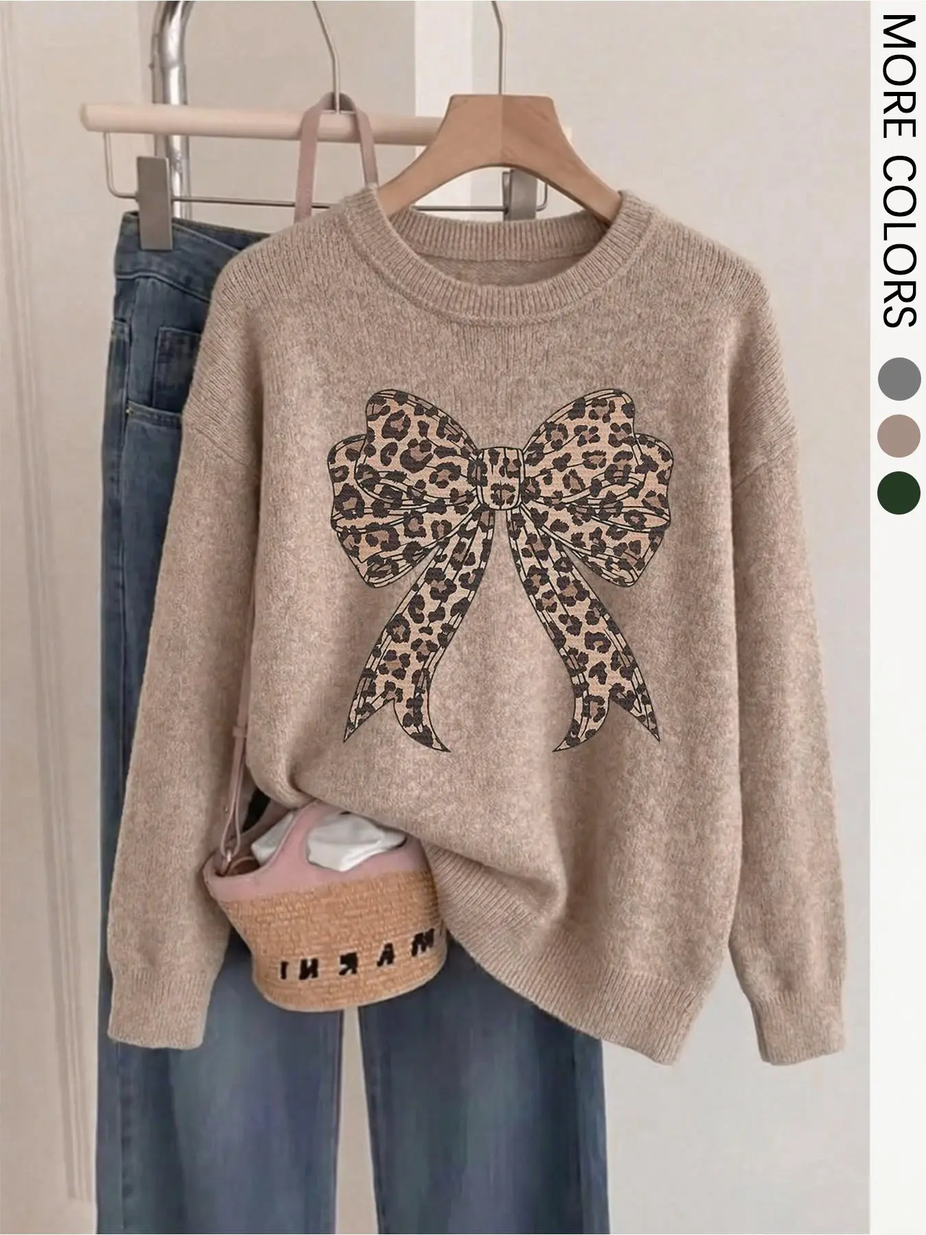 1Pc Women's Earth Tone Crew Neck Sweater, Leopard Print Big Bow Graphic, Loose Lazy Fit Knit Pullover, Vintage Casual Fall Winter Top